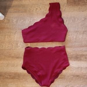 Two piece Maroon scalloped one shoulder swimsuit